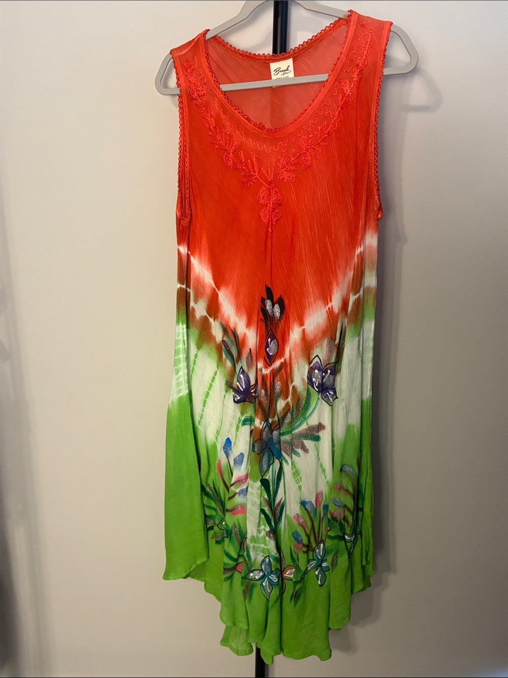 Free Size Beach By Exist Tie-Dye Floral Sleeveless Coverup Dress -Orange & Green